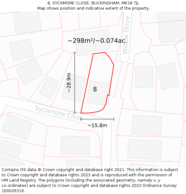 8, SYCAMORE CLOSE, BUCKINGHAM, MK18 7JL: Plot and title map