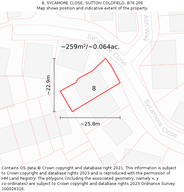 8, SYCAMORE CLOSE, SUTTON COLDFIELD, B76 2PE: Plot and title map