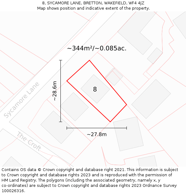 8, SYCAMORE LANE, BRETTON, WAKEFIELD, WF4 4JZ: Plot and title map