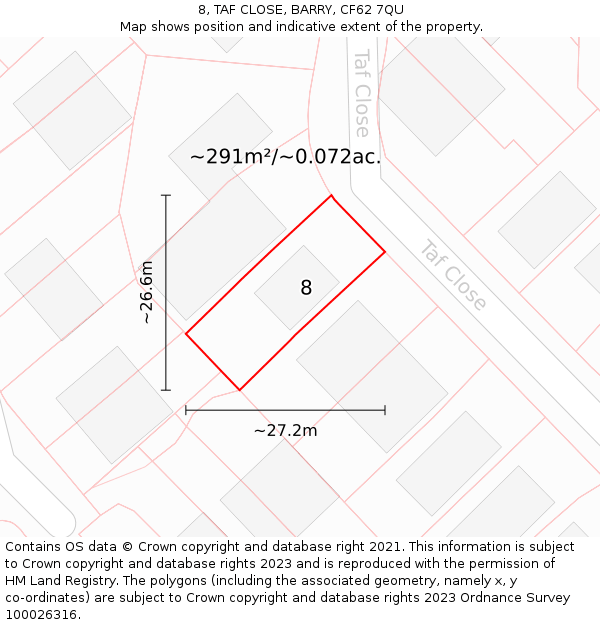 8, TAF CLOSE, BARRY, CF62 7QU: Plot and title map