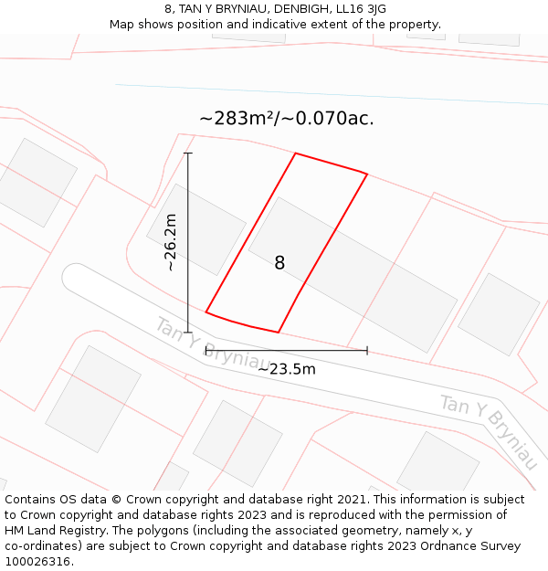 8, TAN Y BRYNIAU, DENBIGH, LL16 3JG: Plot and title map