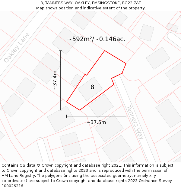 8, TANNERS WAY, OAKLEY, BASINGSTOKE, RG23 7AE: Plot and title map