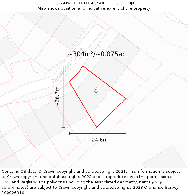 8, TANWOOD CLOSE, SOLIHULL, B91 3JX: Plot and title map