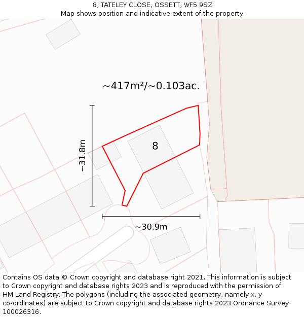 8, TATELEY CLOSE, OSSETT, WF5 9SZ: Plot and title map