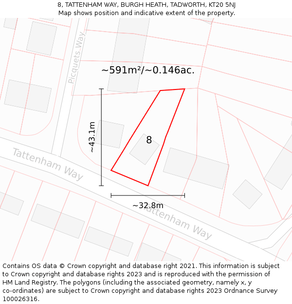 8, TATTENHAM WAY, BURGH HEATH, TADWORTH, KT20 5NJ: Plot and title map