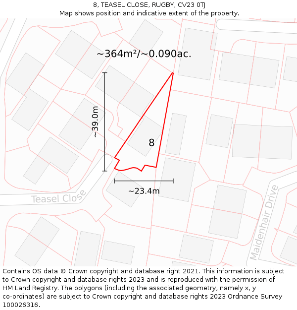 8, TEASEL CLOSE, RUGBY, CV23 0TJ: Plot and title map