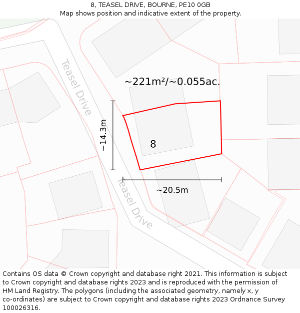 8, TEASEL DRIVE, BOURNE, PE10 0GB: Plot and title map
