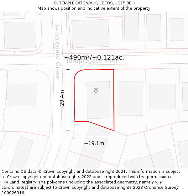 8, TEMPLEGATE WALK, LEEDS, LS15 0EU: Plot and title map