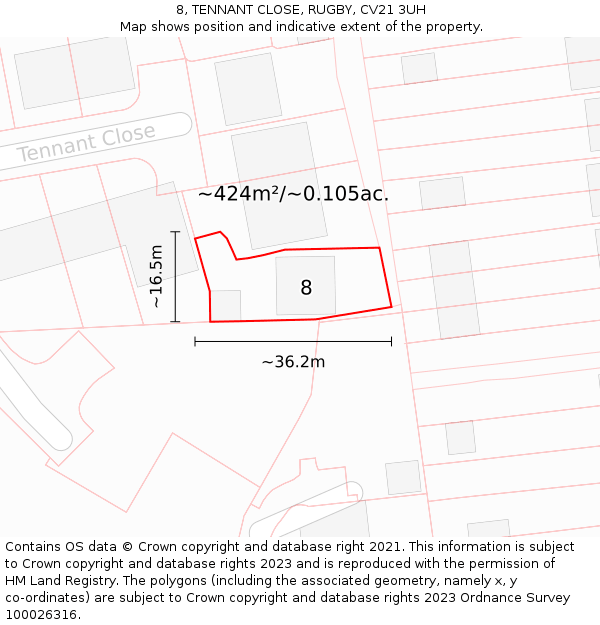 8, TENNANT CLOSE, RUGBY, CV21 3UH: Plot and title map