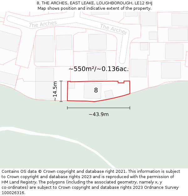 8, THE ARCHES, EAST LEAKE, LOUGHBOROUGH, LE12 6HJ: Plot and title map