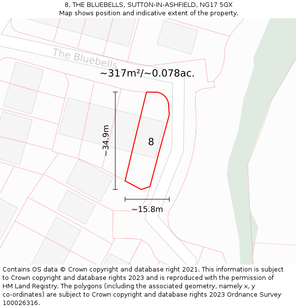 8, THE BLUEBELLS, SUTTON-IN-ASHFIELD, NG17 5GX: Plot and title map