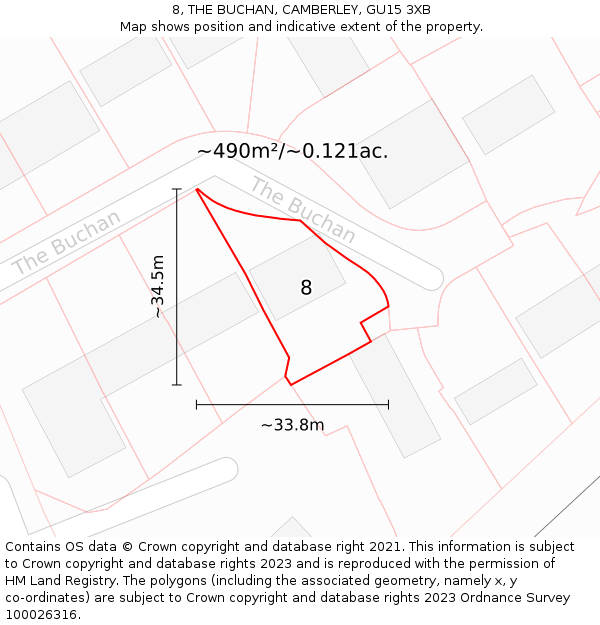 8, THE BUCHAN, CAMBERLEY, GU15 3XB: Plot and title map