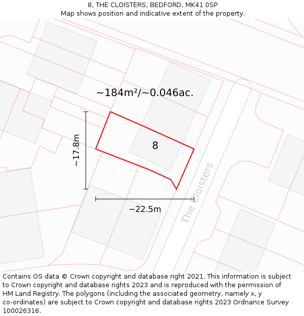 8, THE CLOISTERS, BEDFORD, MK41 0SP: Plot and title map