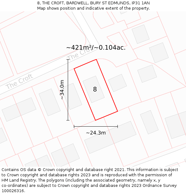 8, THE CROFT, BARDWELL, BURY ST EDMUNDS, IP31 1AN: Plot and title map