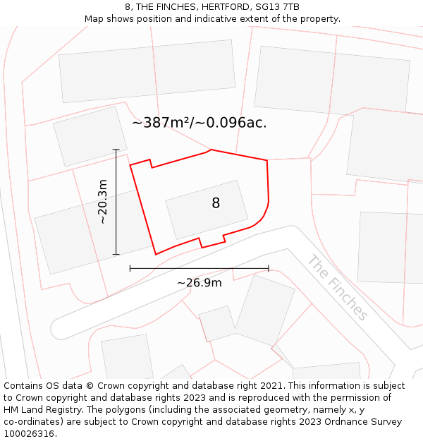 8, THE FINCHES, HERTFORD, SG13 7TB: Plot and title map