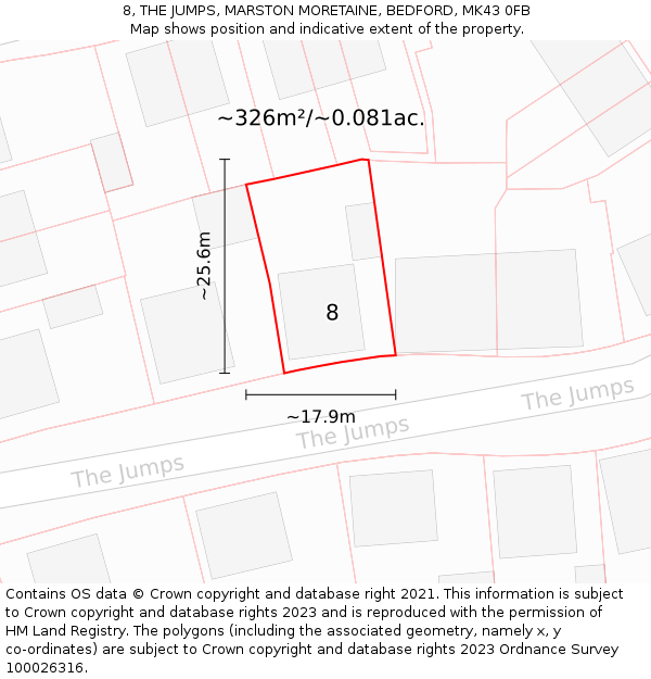 8, THE JUMPS, MARSTON MORETAINE, BEDFORD, MK43 0FB: Plot and title map