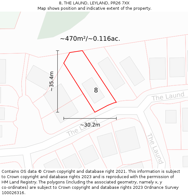 8, THE LAUND, LEYLAND, PR26 7XX: Plot and title map