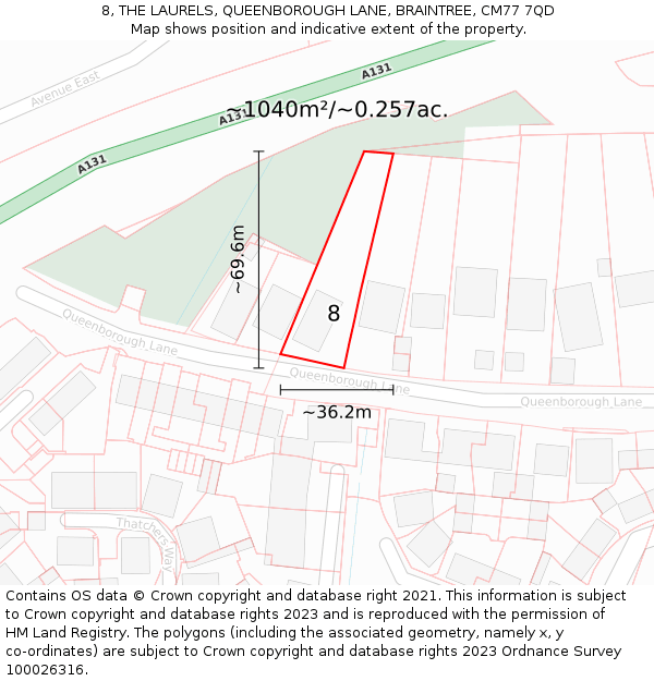 8, THE LAURELS, QUEENBOROUGH LANE, BRAINTREE, CM77 7QD: Plot and title map