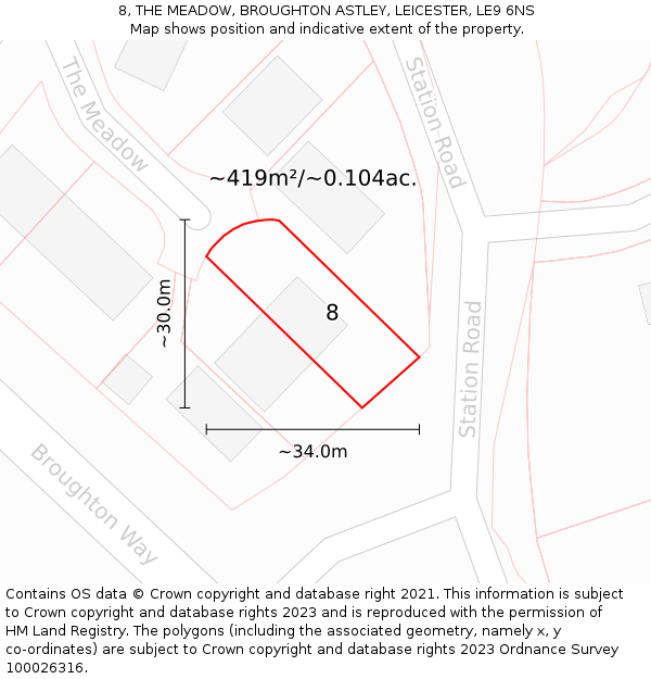 8, THE MEADOW, BROUGHTON ASTLEY, LEICESTER, LE9 6NS: Plot and title map