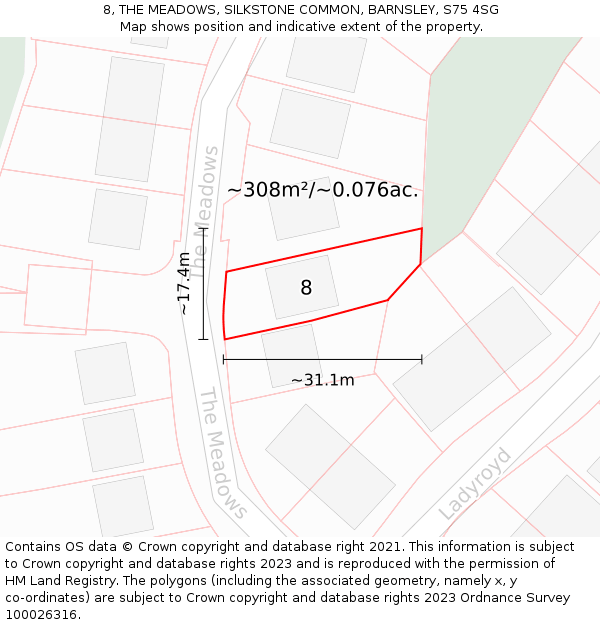 8, THE MEADOWS, SILKSTONE COMMON, BARNSLEY, S75 4SG: Plot and title map