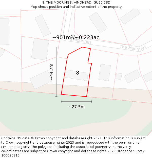 8, THE MOORINGS, HINDHEAD, GU26 6SD: Plot and title map