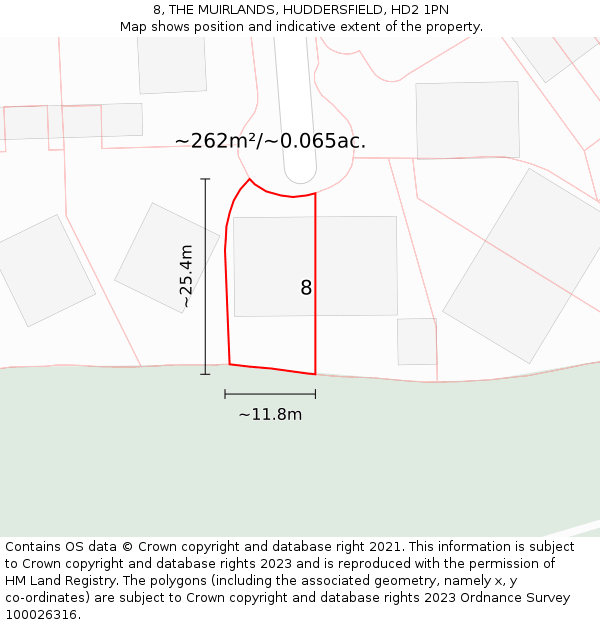 8, THE MUIRLANDS, HUDDERSFIELD, HD2 1PN: Plot and title map