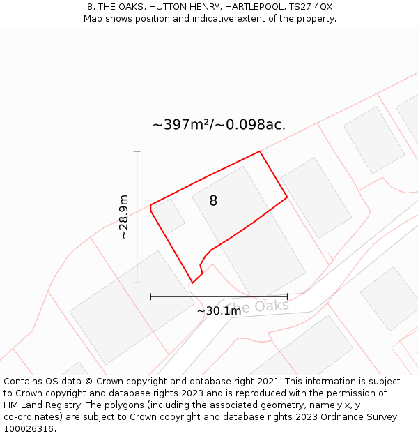 8, THE OAKS, HUTTON HENRY, HARTLEPOOL, TS27 4QX: Plot and title map