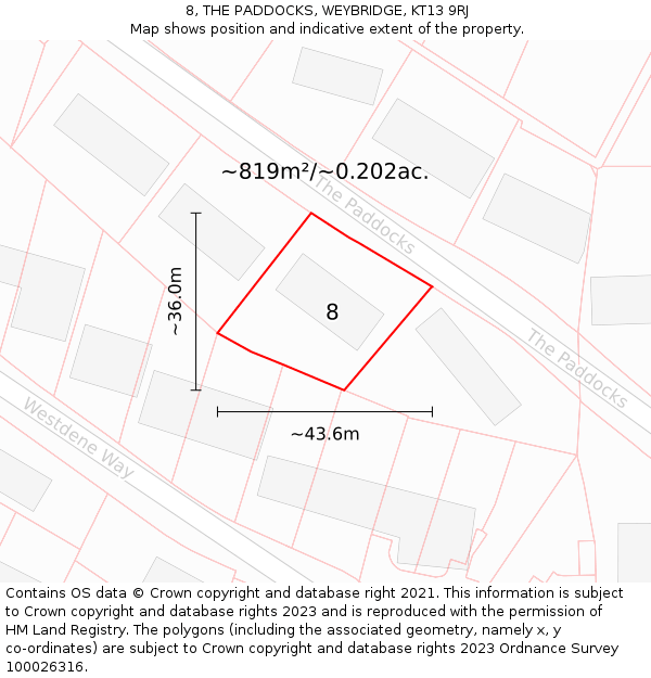 8, THE PADDOCKS, WEYBRIDGE, KT13 9RJ: Plot and title map