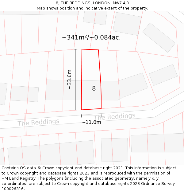 8, THE REDDINGS, LONDON, NW7 4JR: Plot and title map