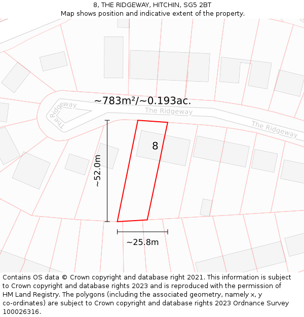 8, THE RIDGEWAY, HITCHIN, SG5 2BT: Plot and title map