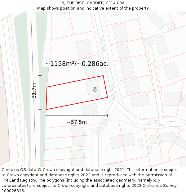 8, THE RISE, CARDIFF, CF14 0RA: Plot and title map