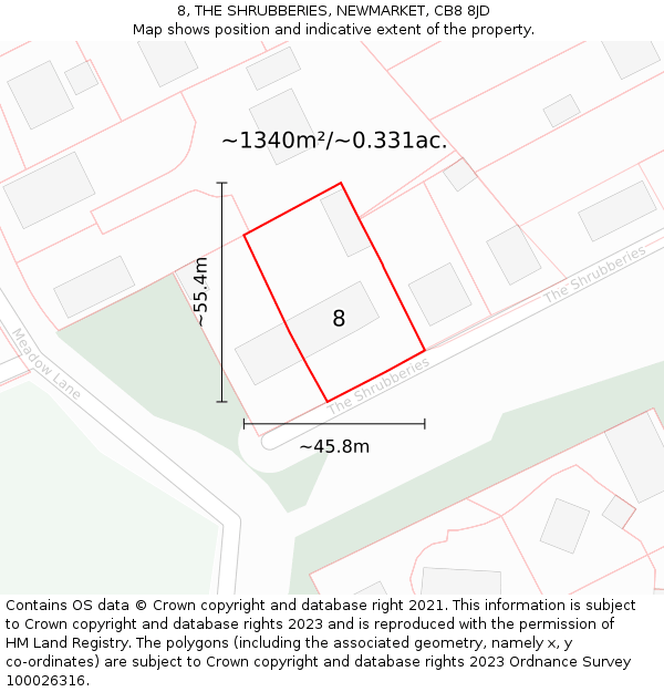 8, THE SHRUBBERIES, NEWMARKET, CB8 8JD: Plot and title map