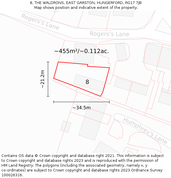 8, THE WALDRONS, EAST GARSTON, HUNGERFORD, RG17 7JB: Plot and title map