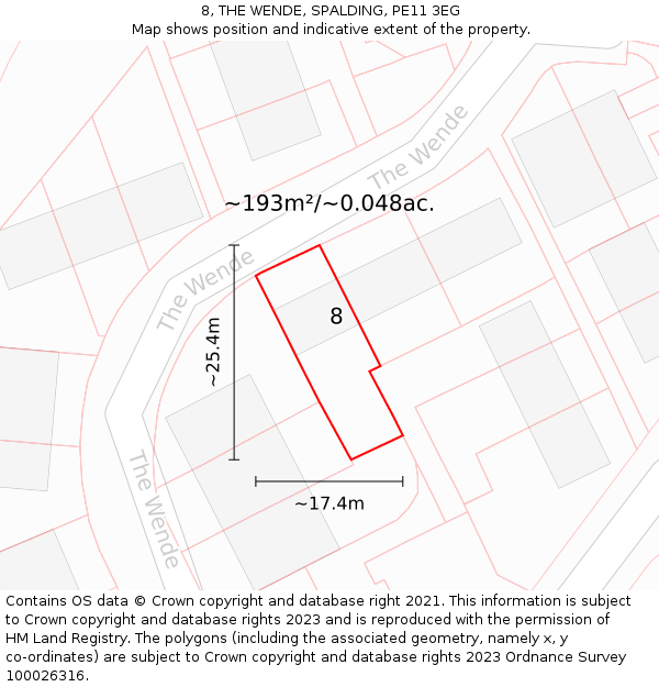 8, THE WENDE, SPALDING, PE11 3EG: Plot and title map