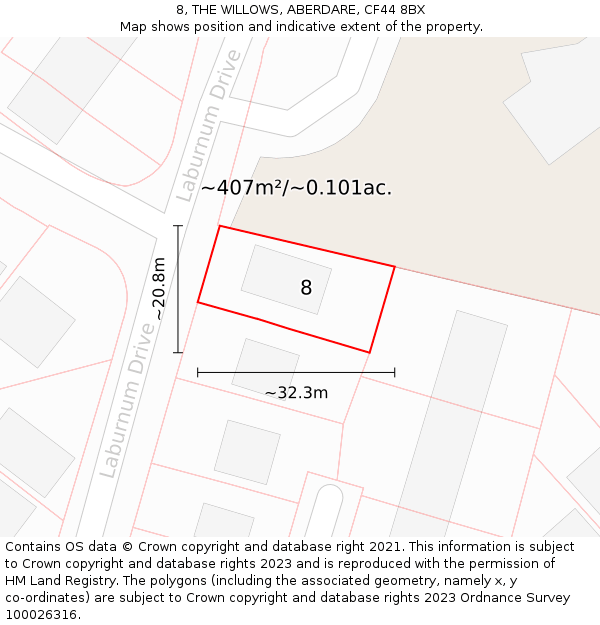 8, THE WILLOWS, ABERDARE, CF44 8BX: Plot and title map