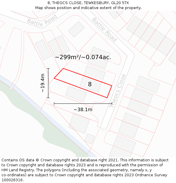 8, THEOCS CLOSE, TEWKESBURY, GL20 5TX: Plot and title map