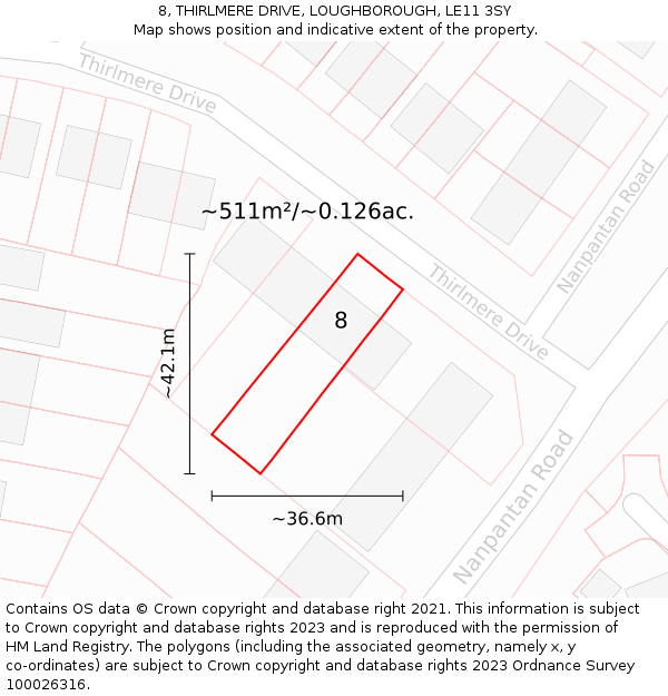8, THIRLMERE DRIVE, LOUGHBOROUGH, LE11 3SY: Plot and title map