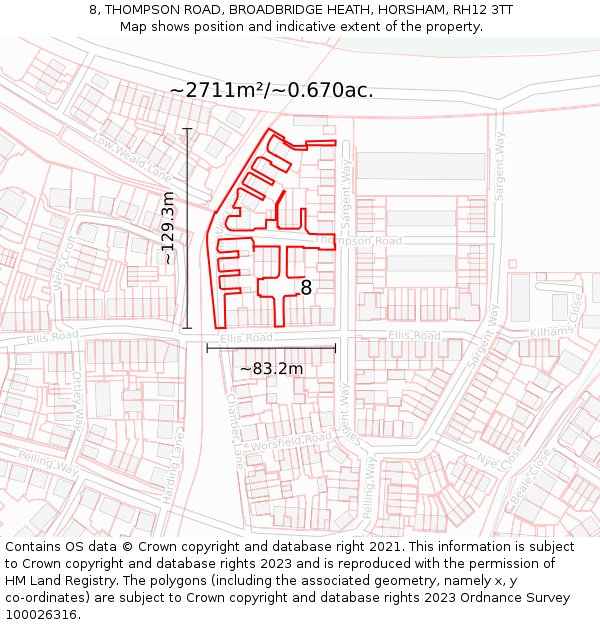 8, THOMPSON ROAD, BROADBRIDGE HEATH, HORSHAM, RH12 3TT: Plot and title map