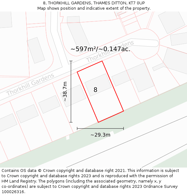 8, THORKHILL GARDENS, THAMES DITTON, KT7 0UP: Plot and title map