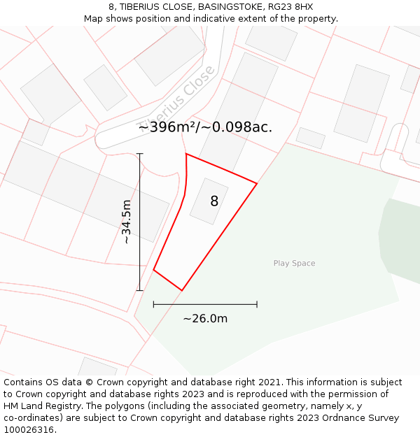 8, TIBERIUS CLOSE, BASINGSTOKE, RG23 8HX: Plot and title map