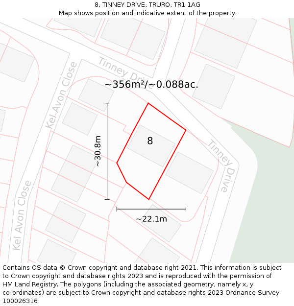 8, TINNEY DRIVE, TRURO, TR1 1AG: Plot and title map