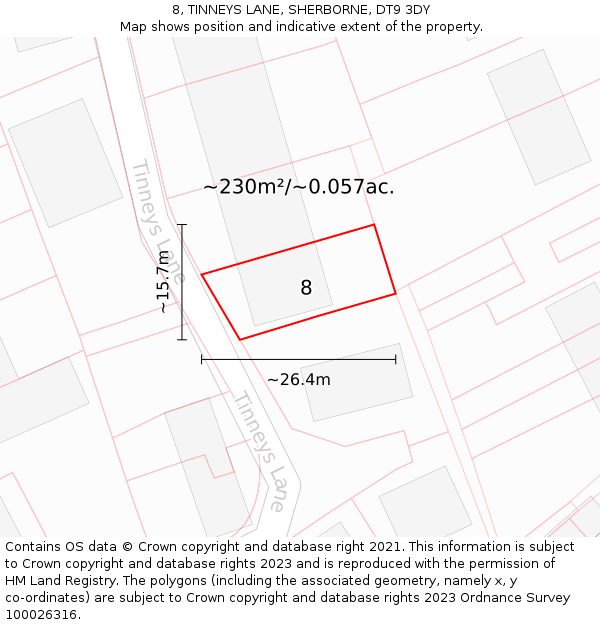 8, TINNEYS LANE, SHERBORNE, DT9 3DY: Plot and title map