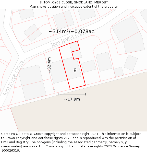 8, TOM JOYCE CLOSE, SNODLAND, ME6 5BT: Plot and title map