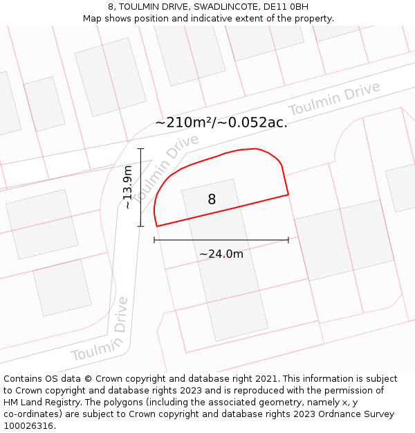 8, TOULMIN DRIVE, SWADLINCOTE, DE11 0BH: Plot and title map