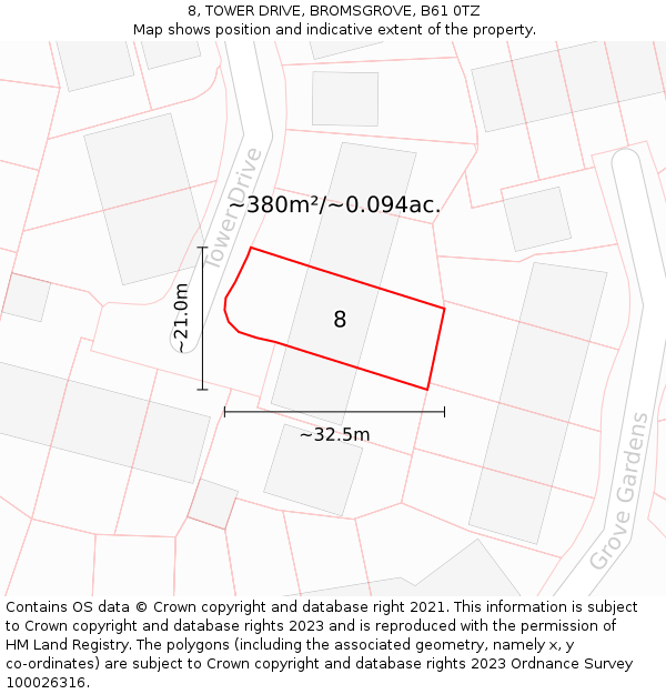 8, TOWER DRIVE, BROMSGROVE, B61 0TZ: Plot and title map