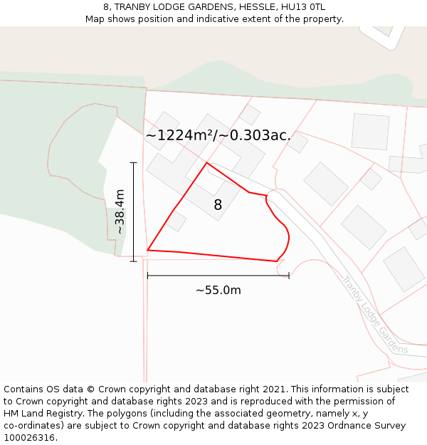 8, TRANBY LODGE GARDENS, HESSLE, HU13 0TL: Plot and title map