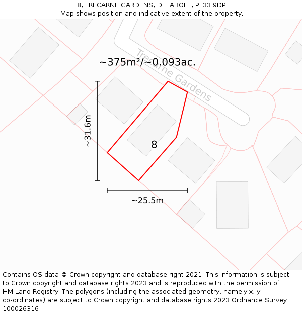 8, TRECARNE GARDENS, DELABOLE, PL33 9DP: Plot and title map