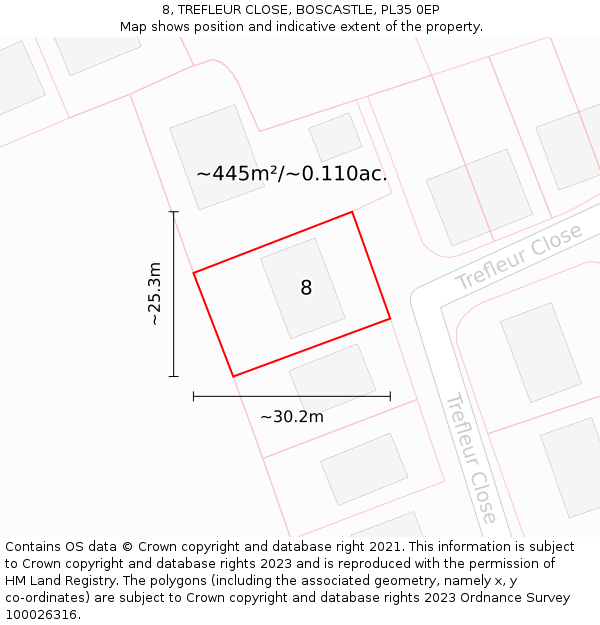 8, TREFLEUR CLOSE, BOSCASTLE, PL35 0EP: Plot and title map