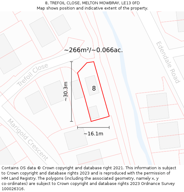 8, TREFOIL CLOSE, MELTON MOWBRAY, LE13 0FD: Plot and title map