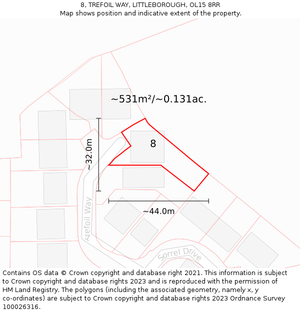 8, TREFOIL WAY, LITTLEBOROUGH, OL15 8RR: Plot and title map